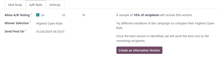 View of the A/B Tests tab in erpsys Email Marketing application.