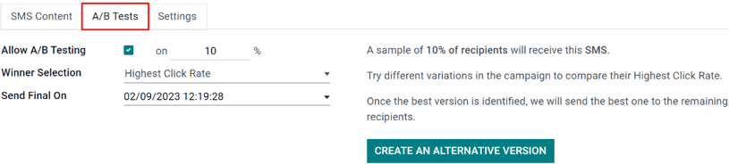 The A/B Test tab is located on an erpsys SMS Marketing app campaign form.