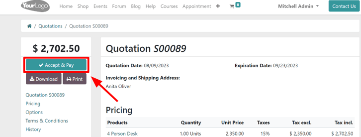 The accept and pay button on an online quotation in erpsys Sales.