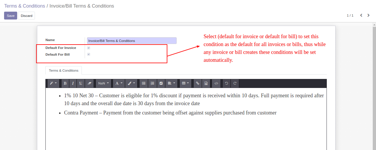 Set default terms for Invoice/Bill