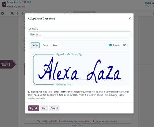 The adopt your signature pop-up window that appears in the erpsys Rental application.