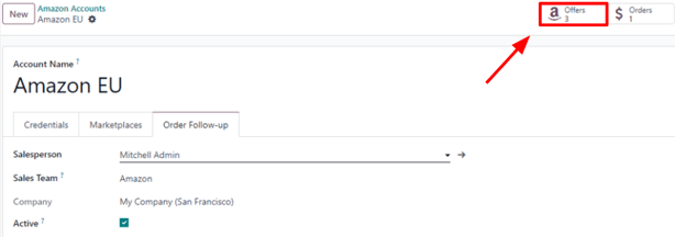 The Amazon Offers smart button on the account form in erpsys Sales.