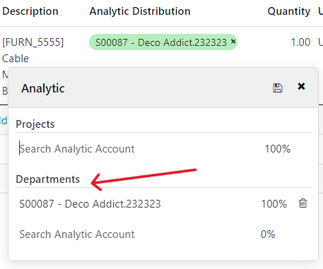 How to select the Analytic Distribution department from a purchase order in erpsys.