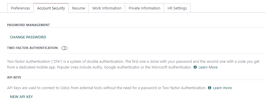 creation of an Erpsys external API key for a database