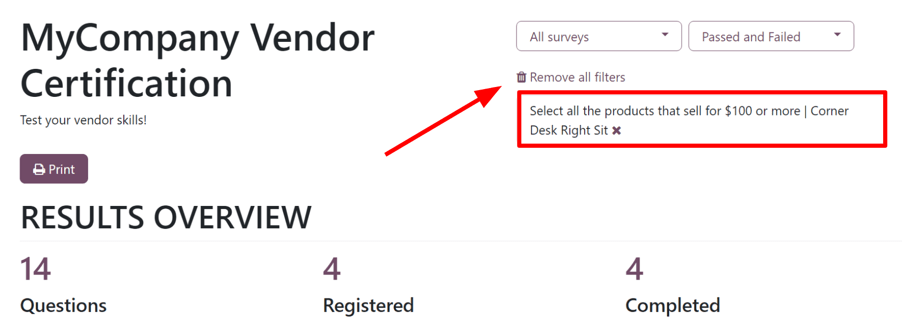 The applied filter on the 'See results' page in the erpsys Surveys application.