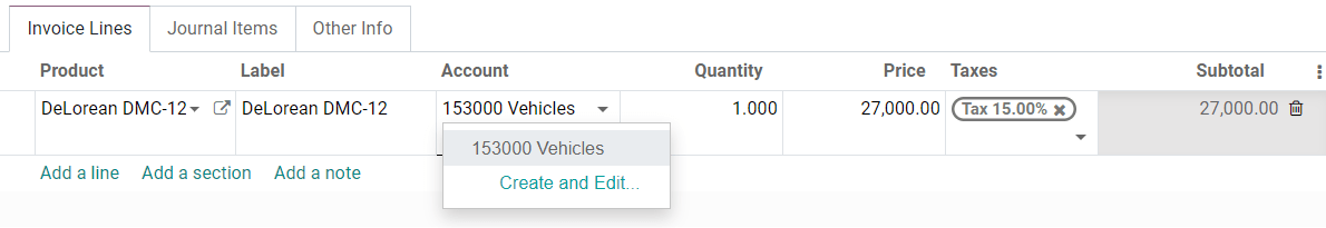 Selection of an Assets Account on a draft bill in Erpsys Accounting