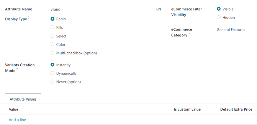 A blank attribute creation form in the erpsys Sales application.