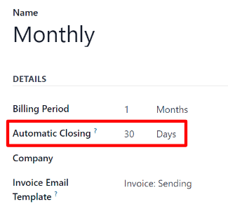 The Automatic Closing field on a Recurring Plan form in erpsys Subscriptions.