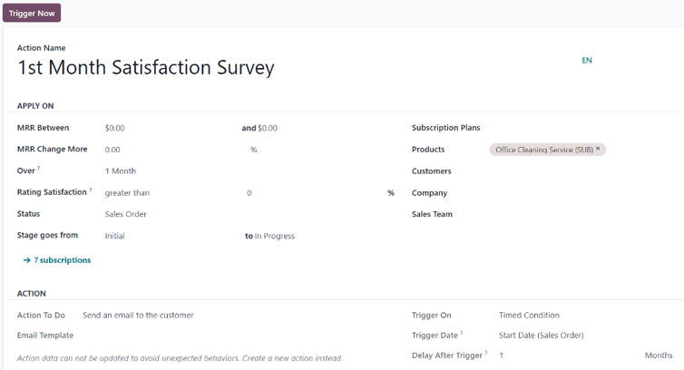 A sample Automation Rules form in the erpsys Subscriptions application.