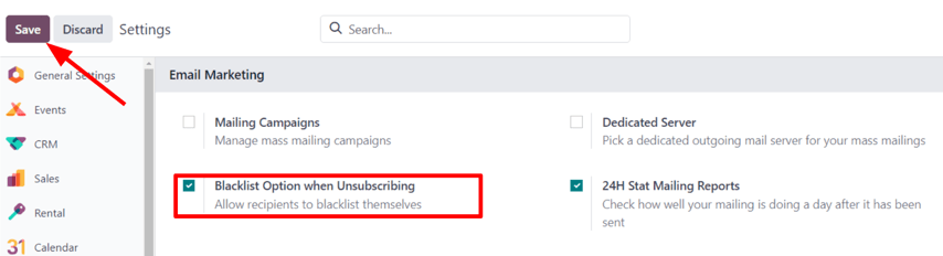 View of the blacklist feature in the Settings page of the erpsys Email Marketing app.