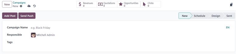 View of the blank campaign form in erpsys Email Marketing.