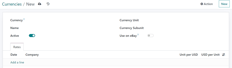 How a blank currency detail form looks in erpsys Accounting.