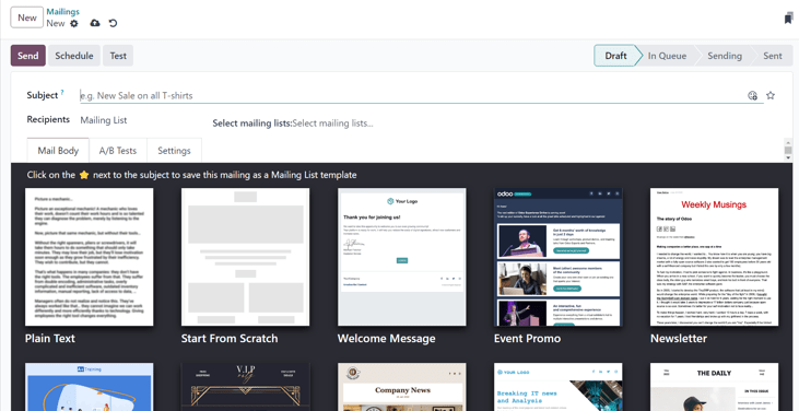 View of a blank email detail form in erpsys Email Marketing application.