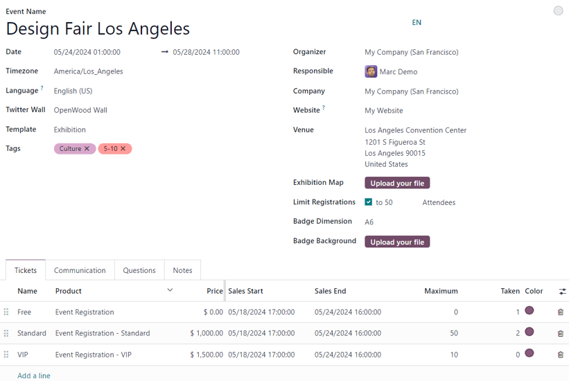 Typical event template in the erpsys Events application.