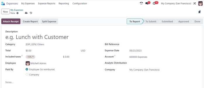 A blank expenses form in the erpsys Expenses application.