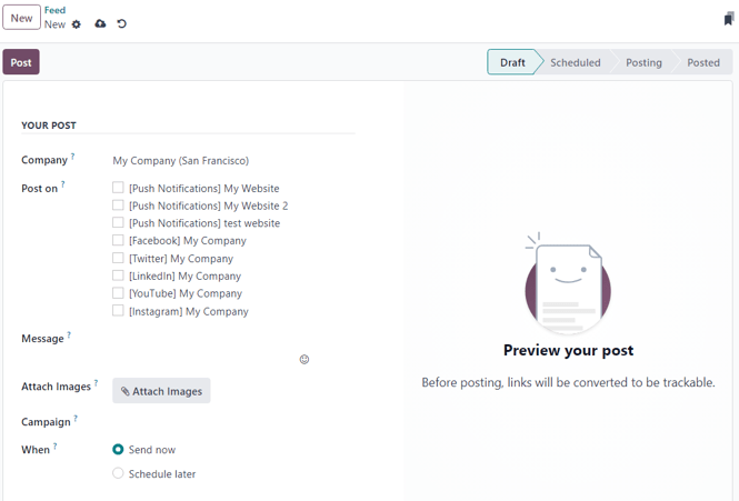 Blank social media post detail page in erpsys Social Marketing.