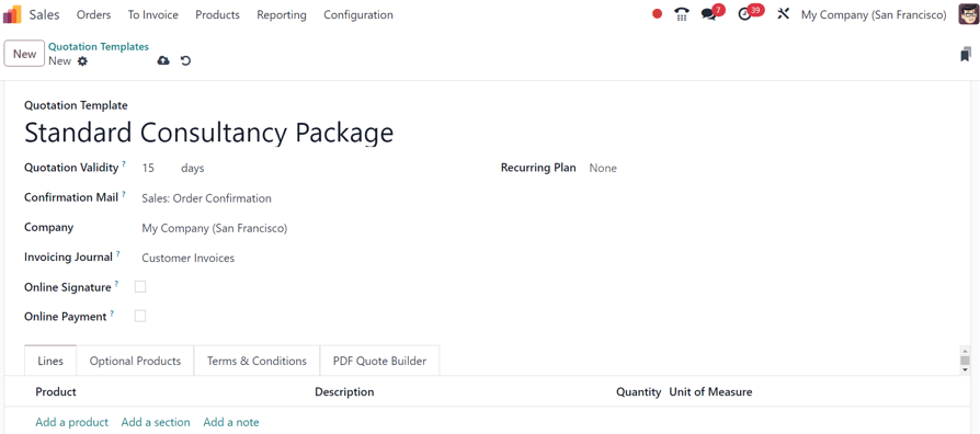 Create a new quotation template on erpsys Sales.