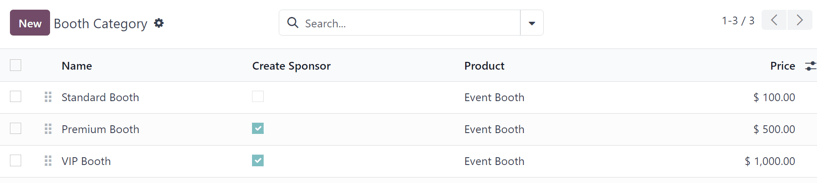The Booth Category page in the erpsys Events application.