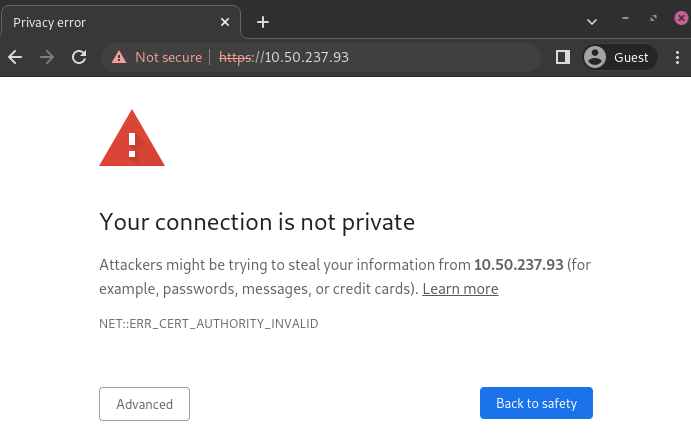 Warning page about the connection privacy on Google Chrome