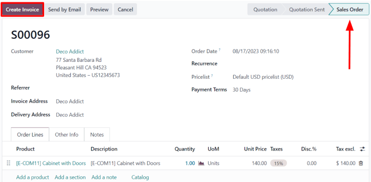 Cabinet with doors sales order that's been confirmed in the erpsys Sales application.