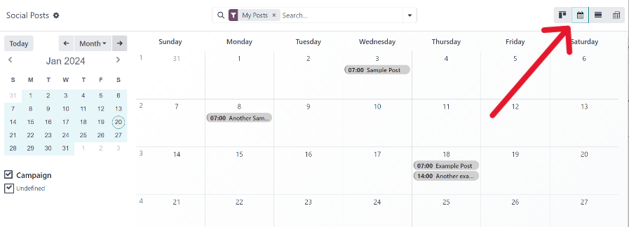 Example of the calendar view in erpsys Social Marketing.