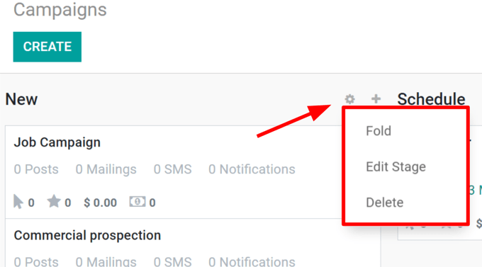 View of the campaigns page in the erpsys Social Marketing application.
