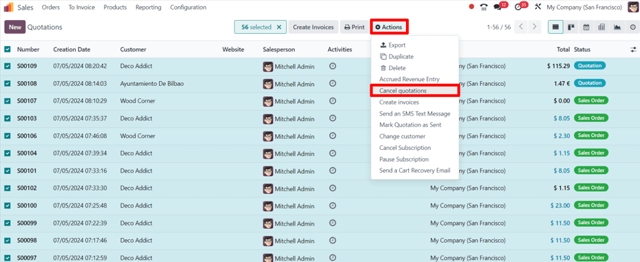 The Cancel quotations option on the Actions drop-down menu in the erpsys Sales application.