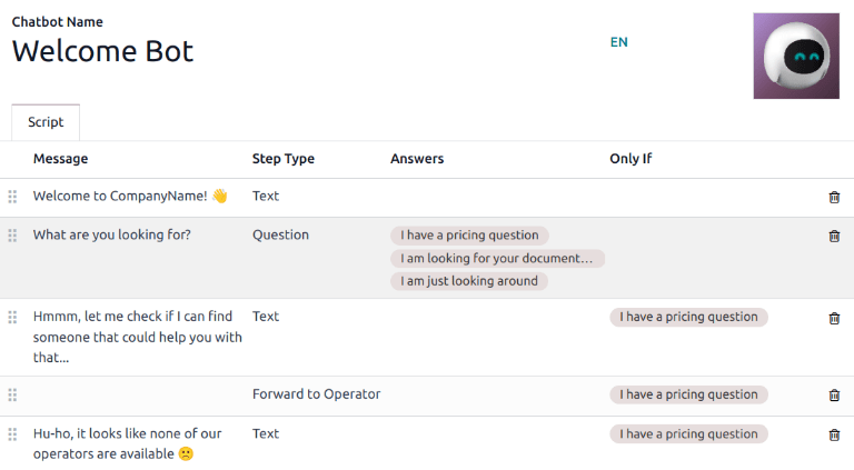 View of the Welcome Bot script in Erpsys Live Chat.