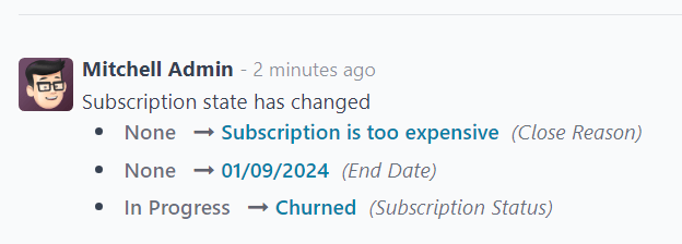 The chatter of a churned sales order for a closed subscription in erpsys Subscriptions.