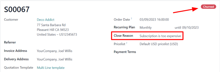 A churned sales order for a closed subscription in erpsys Subscriptions.