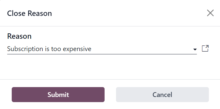 The Close Reason pop-up when the Close button is clicked in erpsys Subscriptions.