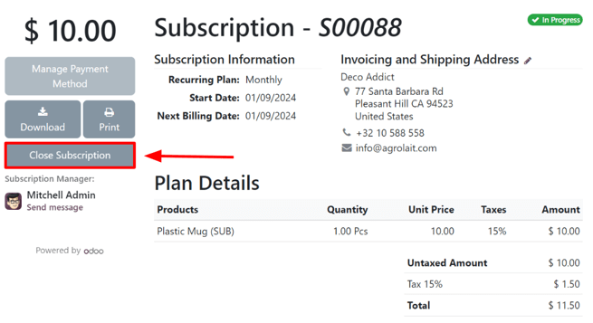 Close subscription button on a customer's view of a sales order in erpsys Subscriptions.
