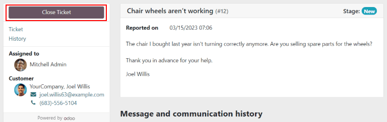 Customer view of ticket closing in erpsys Helpdesk.