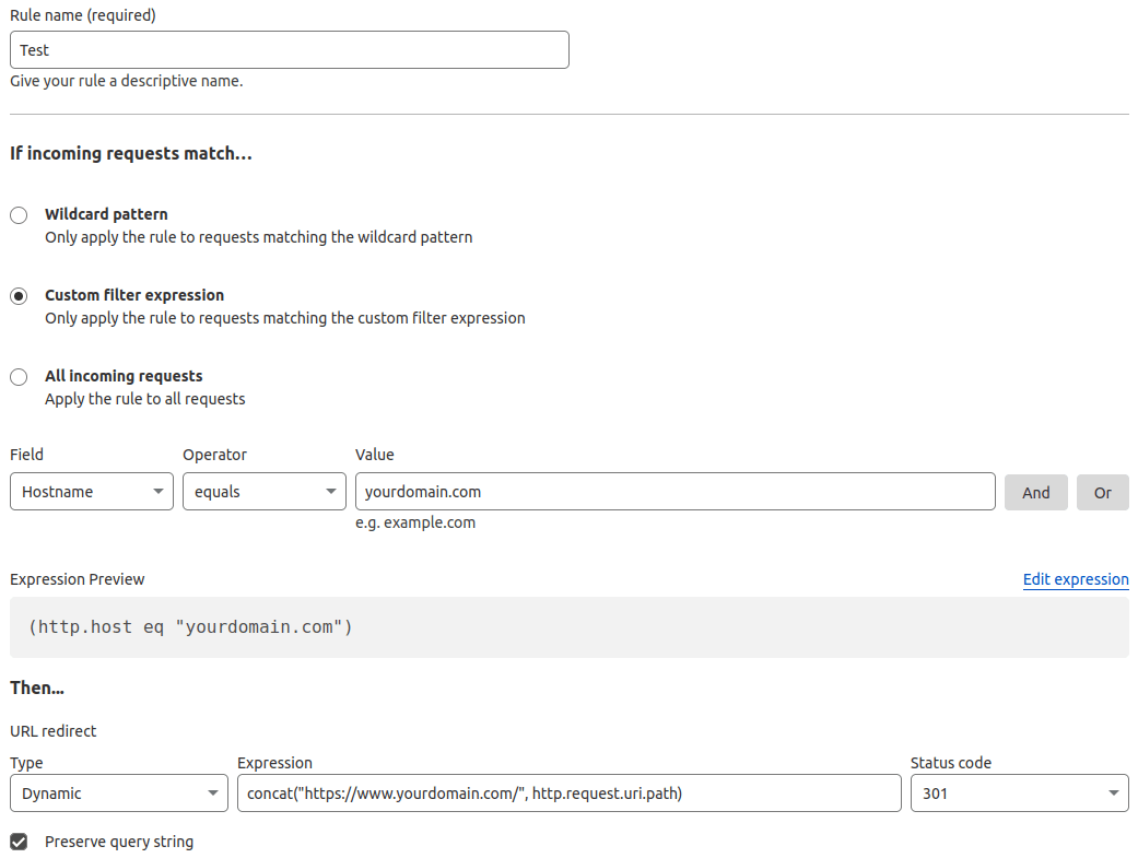 Defining a Cloudflare redirect rule to create a permanent redirect (301)