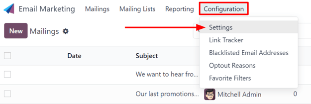 View of the Configuration menu with Settings page in the erpsys Email Marketing application.