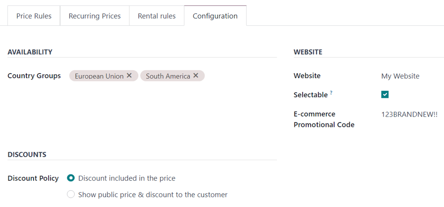 Configuration tab on pricelist detail form in erpsys Sales.