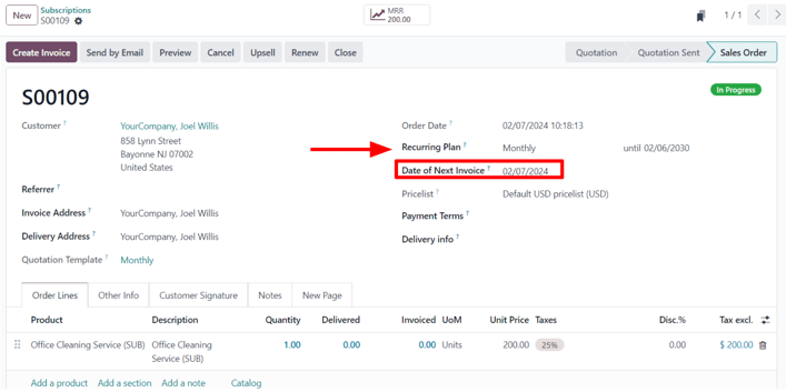 A confirmed subscription sales order in the erpsys Subscriptions application.