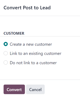 The convert post to lead pop-up window that appears in erpsys Social Marketing.