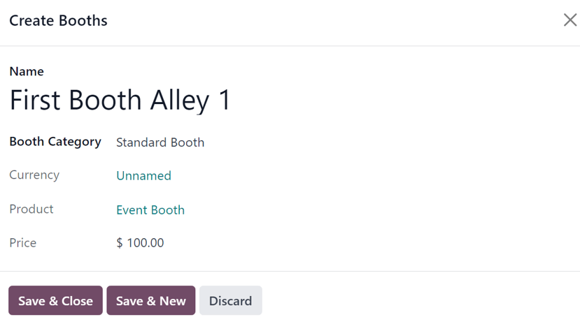 A Create Booths pop-up window in the erpsys Events application.