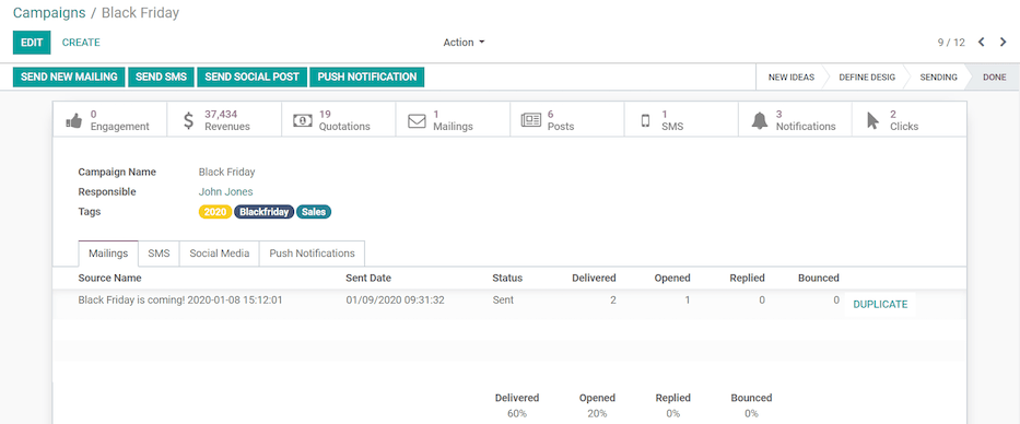 View of a sample campaign template page in erpsys Social Marketing.