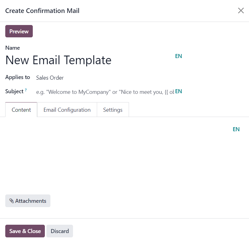 Create confirmation mail pop-up window from the quotation template form in erpsys Sales.