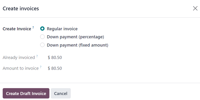 The deduct down payment option on the create invoices pop up in erpsys Sales.