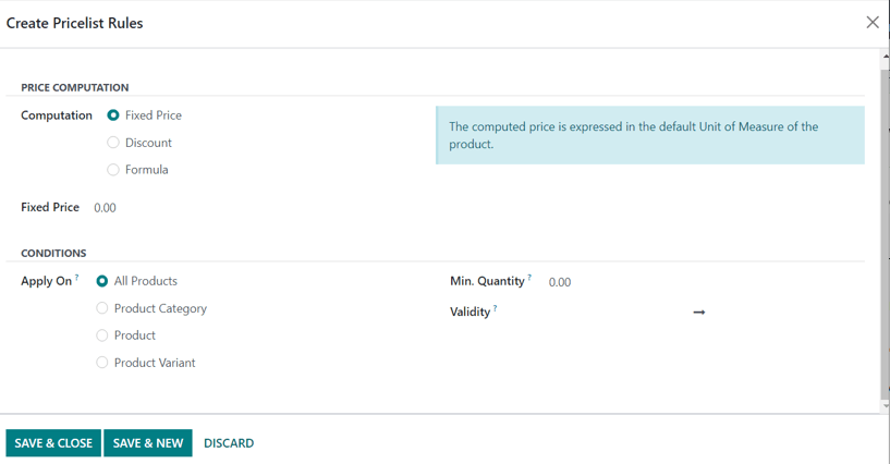 How the Create Pricelist Rules pop-up form looks in erpsys Sales.