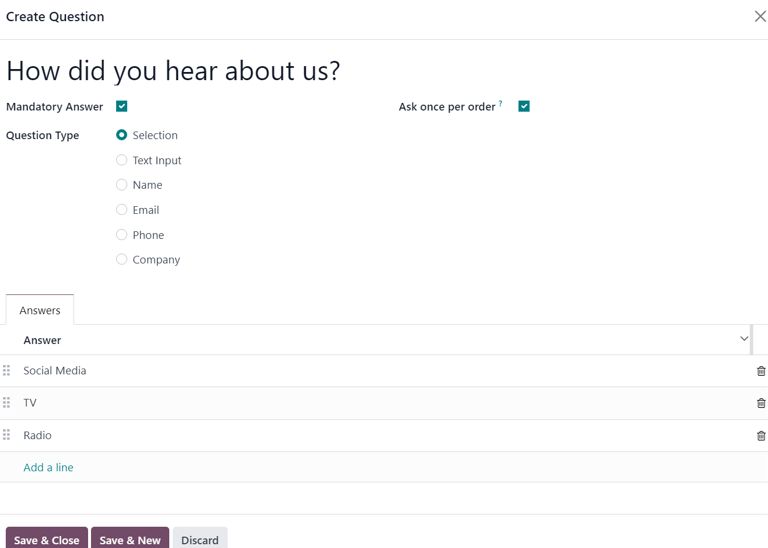 The Create Question pop-up window that appears in the erpsys Events application.