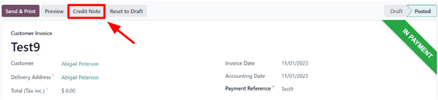 A typical customer invoice with a Credit Note button highlighted in erpsys Sales.