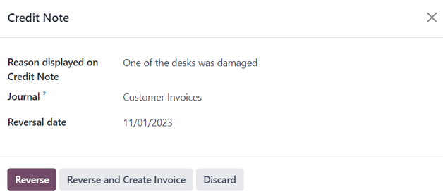 Typical credit note pop-up form that appears in erpsys Sales.
