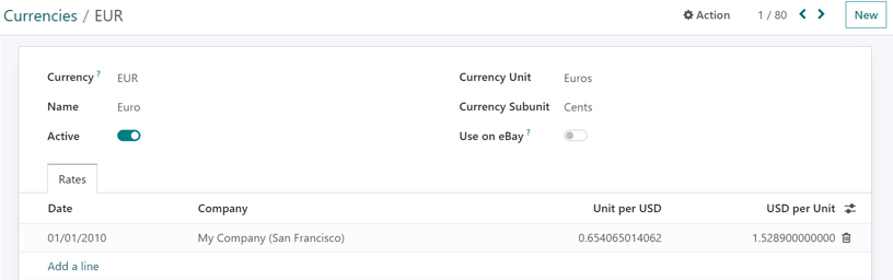 How a currency detail form looks in erpsys Accounting.