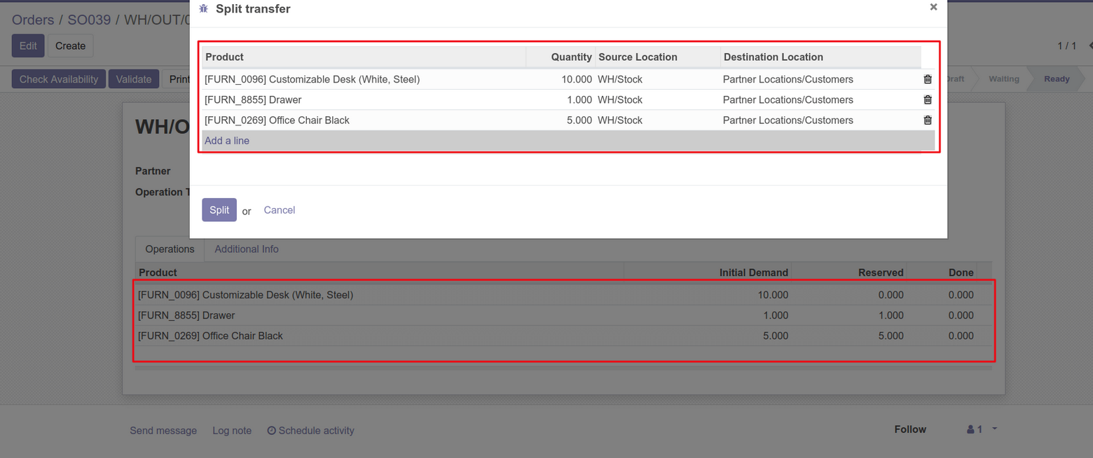 Edit the quantity or Delete the Move Line as per requirements and press (split) button.