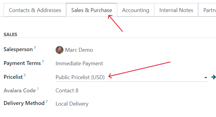 The pricelist field in a customer detail form in erpsys Sales.