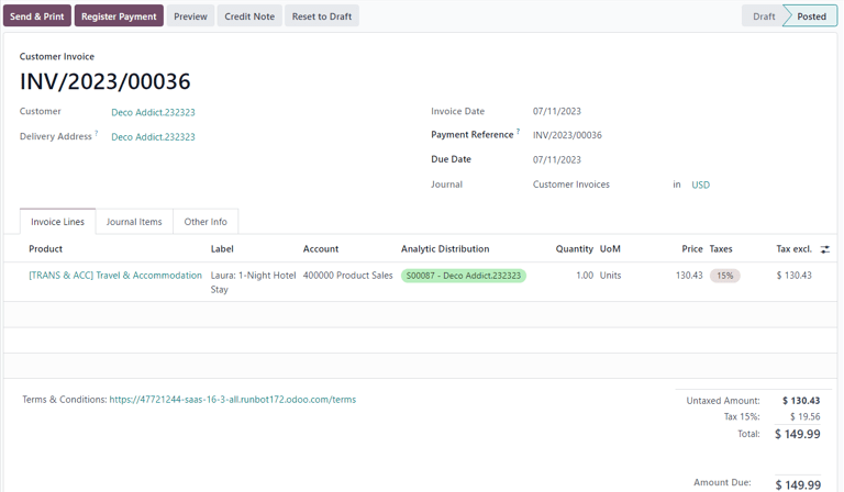 Sample customer invoice for an expense generated from a sales order in erpsys Sales.